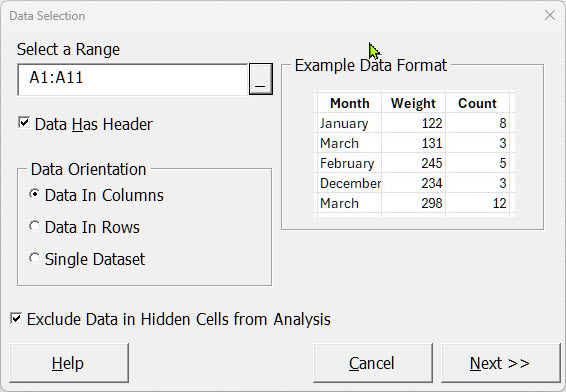 Data Selection dialog showing range A1:A11